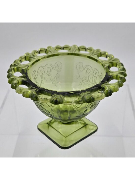 Indiana Glass Other - Indiana Glass Lorain Basket Design Avocado Green Glass Footed Lace Trim Planter
